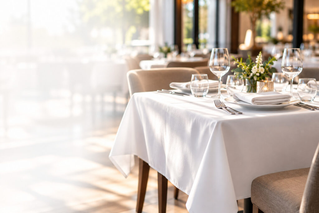 Nappe professionnelle blanche dressée avec verres sur une table de restaurant